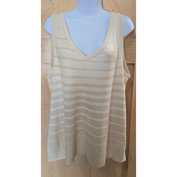 DKNY Beige & Cream Striped 100% Silk V-Neck Sleeveless Tank Top Size L - Picture 1 of 5